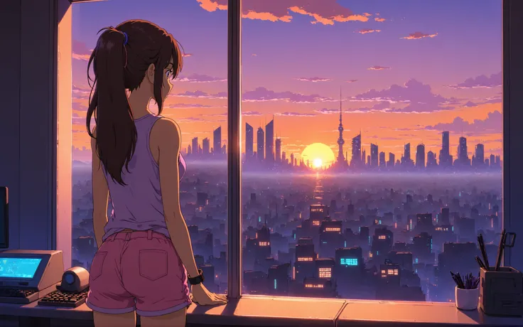 a scene set in an urban environment during sunset. A character with long hair, wearing a tank top and shorts, stands with their back to the viewer, gazing out of a large window that overlooks the city. The sky is painted in hues of pink, purple, and orange...