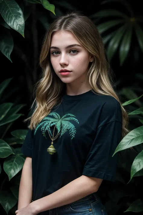 photo of fit (Z0eM00reV2-135:0.99), a beautiful woman, perfect hair, (modern photo), wearing a (crew neck t-shirt:1.2) and jeans with jewelry, portrait, 85mm, (analog, cinematic, film grain:1.3), (Bioluminescent Jungle, Dense jungle of glowing plants and c...