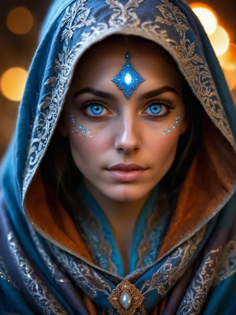 The concept in the image depicts a character adorned in detailed and ornate attire, with intricate patterns and designs on her cloak or shawl. She has a serene expression, with a focus on her piercing blue eyes. The background is filled with glowing lights...