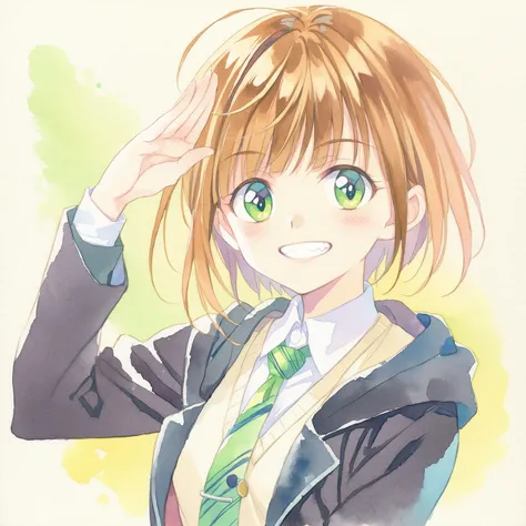 watercolor, 1girl, necktie, solo, green eyes, smile, jacket, green background, looking at viewer, shirt, simple background, bangs, collared shirt, upper body, grin, brown hair, hood, medium hair, blush, black necktie, green necktie, school uniform, black j...