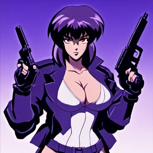 <lora:motoko_loha:1>m0t0k0, motoko kusanagi, kusanagi, Motoko Kusanagi, motoko, kusanagi motoko, 1girl, solo, jacket, weapon, gun, gloves, breasts, leotard, red eyes, holding weapon, purple hair, fingerless gloves, large breasts, short hair, looking at vie...