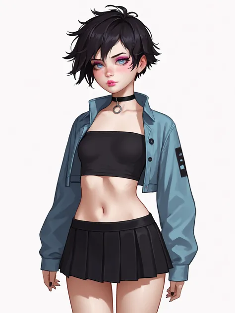 score_9, score_8_up, score_7_up, score_6_up, score_5_up, score_4_up, rating_explicit,
BREAK
girl with black hair, short hair, messy hair, tomboy, light blue eyes, pink lips, pink eyeshadow,
BREAK
solo, standing, black tube top, black microskirt, black crop...