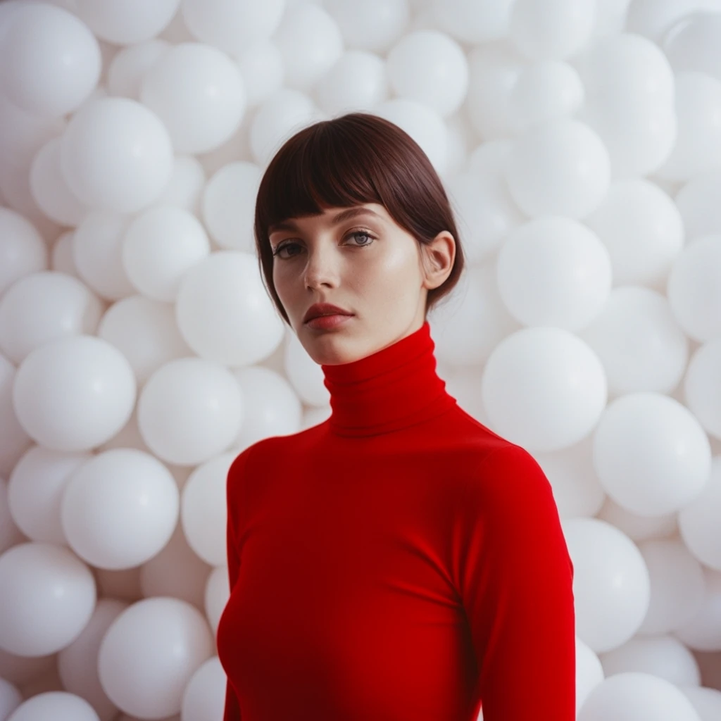 fashion portrait photo of beautiful young woman from the 60s wearing a red turtleneck standing in the middle of a ton of white balloons, taken on a hasselblad medium format camera