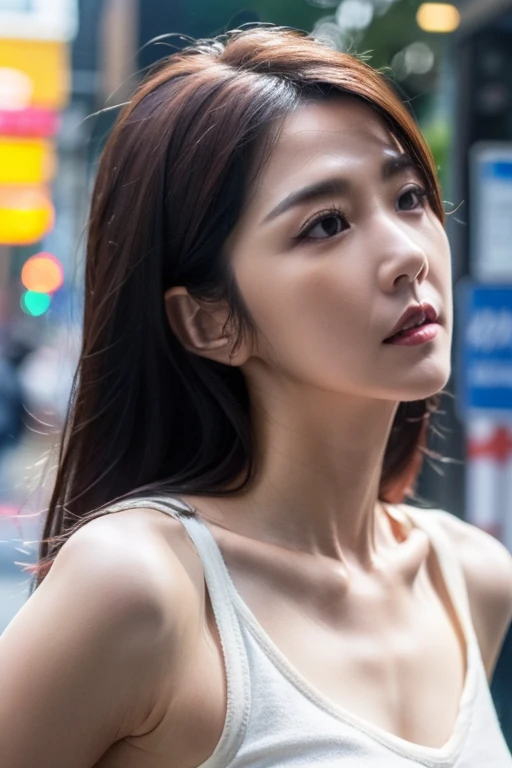 Best quality,masterpiece,ultra high res,(photorealistic:1.2),1girl,low key,slim body,undone hair,taipei street alley,dynamic pose,face closeup,medium breasts,<lora:ivy_shao:0.9>,