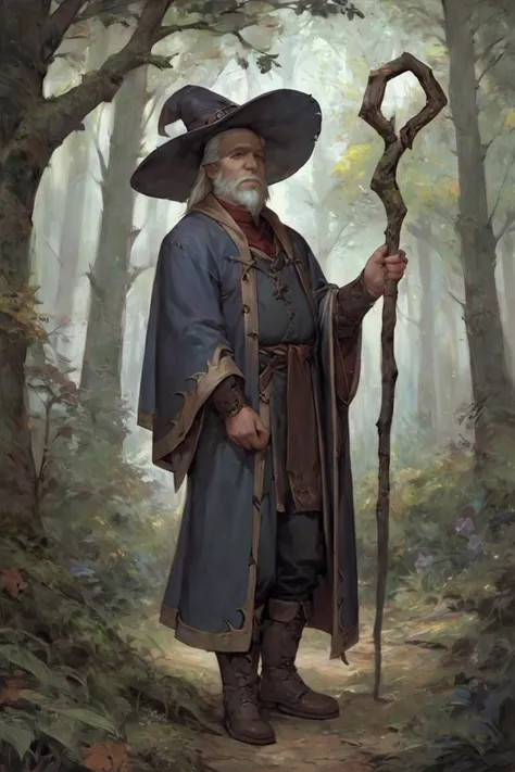 score_9, score_8_up, score_7_up, wizard, old, 1boy, old man, male focus, hat, beard, solo, staff, witch hat, facial hair, forest, nature, robe, long hair, looking at viewer, tree, holding, white hair, outdoors, holding staff, boots <lora:Cold Oil Gothic St...