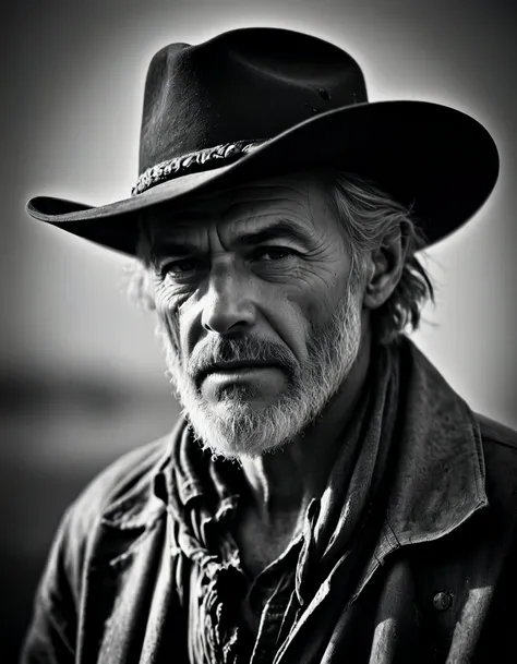 Film noir style grizzled old cowboy, cowboy shot, old stetson cowboy hat, bandana around his neck, skin pores, pores, stringy greasy hair, short gray beard, dark grim fantasy, looking at side, in a dust storm, . Monochrome, high contrast, dramatic shadows,...