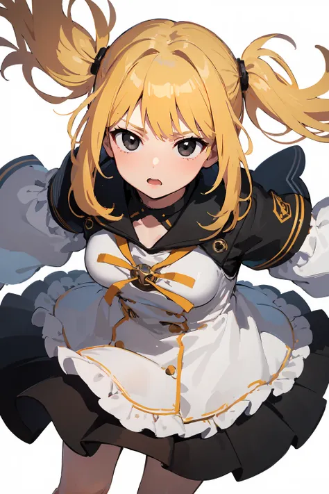 masterpiece,high quality,highres,1girl,solo,cowboy shot,tailwind,(black eyes , blonde hair),medium hair ,from above ,white background ,,twintails,<lora:wind-tailwind-v1-wasabiya:1>,