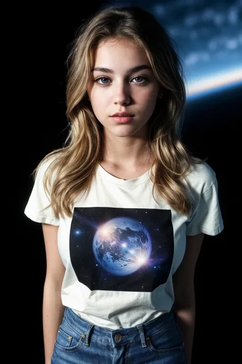 photo of fit (Z0eM00reV2-135:0.99), a beautiful woman, perfect hair, (modern photo), wearing a (crew neck t-shirt:1.2) and jeans with jewelry, portrait, 85mm, (analog, cinematic, film grain:1.3), (Galactic Observatory, Space observatory studying distant ga...