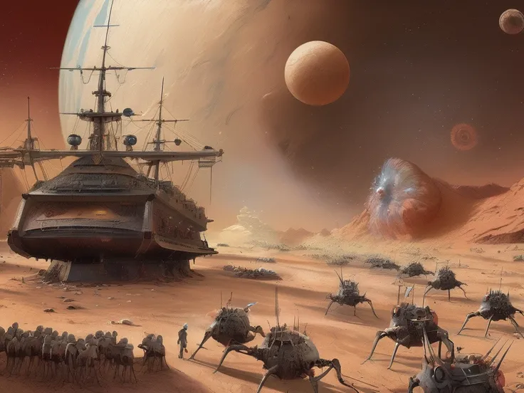 massive spaship battle in the front of the planet mars, bosch