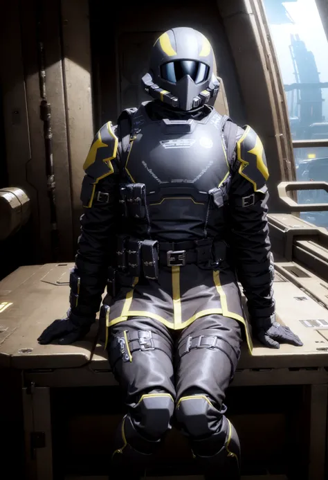 (masterpiece, best quality:1.2), <lora:Helldiver:0.8>, helldiver, 1girl, black armor with yellow accents, belt, boots, gloves, shoulder pads, knee pads, belt, uniform skirt, chestplate, helmet, cape, (sitting in a dropship, industrial background),