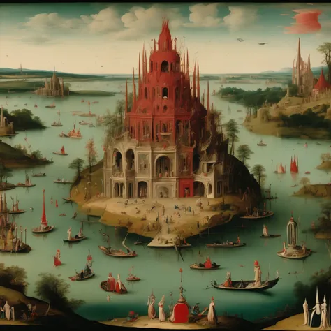 a surreal landscape with a central floating island adorned with various ornate structures, including a tall spire with a red pinnacle. There are human figures interacting with the environment, some on boats and others swimming. The foreground features a bo...