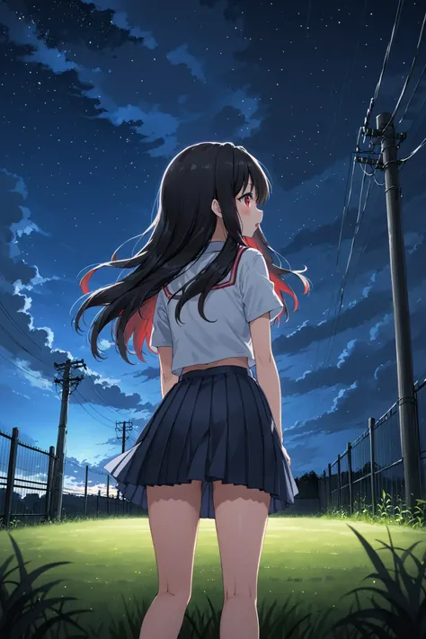 anime, 1girl, solo, outdoors, black hair, blue sky, cloud, dark clouds, fence, from behind, grass, long hair, looking at viewer, looking back, night, night sky, open mouth, pleated skirt, power lines, red eyes, skirt, sky, star (sky), starry sky