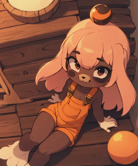 From above, lilotte , 1 puppy girl l , orange overalls  ,brown skin,  ,Ornament , pink hair , furry , , tail ,mole, mole on the eye , <lora:lilotte:0.8> , Straight hair , shorts