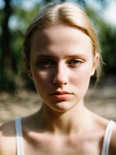 film grain analog photography,portrait photography, close -, young adult woman, caucasian, neutral expression, soft gaze, natural light, shallow depth field, bokeh background, fine art style, unretouched skin texture,