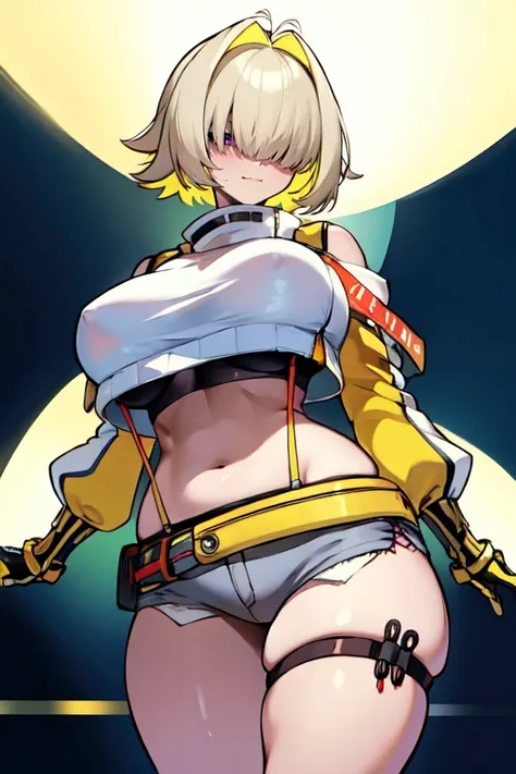 masterpiece,best quality,extreme detail,8k,face detailed, <lora:elegg:0.8> eleggNIKKE, 1girl, solo, breasts,short hair, bangs, blonde hair, large breasts,huge breasts, gloves, long sleeves, navel, multicolored hair, shorts, midriff, ((hair over eyes)), cro...