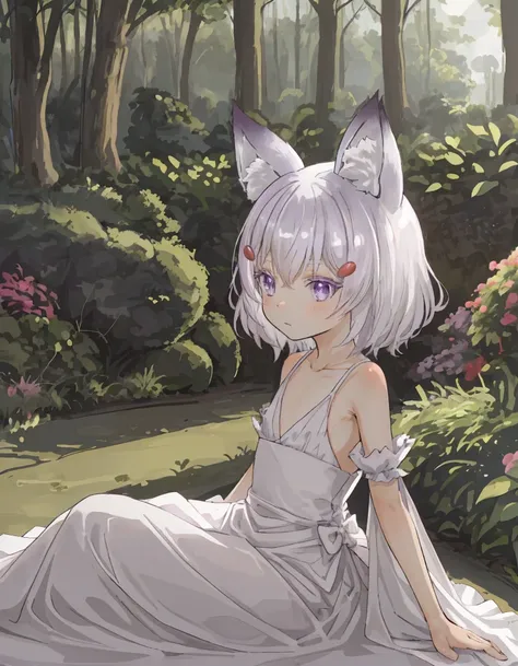 masterpiece, best quality, absurdres, tenma, 1girl, solo, fox ears, animal ear fluff, flat chest, petite, 
white hair, purple eyes, medium hair, hairclip,
wedding dress,
lying, garden, morning, dewy, magical, lush greenery, hidden pathways, tranquil,