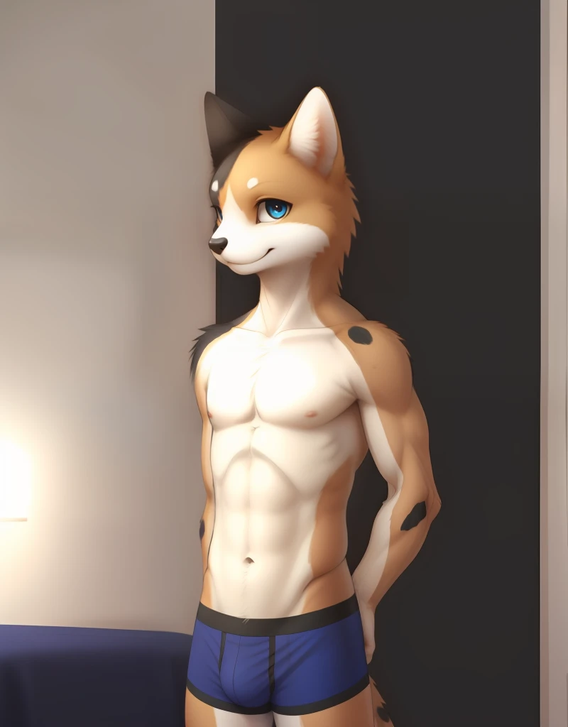 (((detailed eyes, detailed face))), (furry, jun <lora:character_jun_findigo_v2:1>, two-tone fur, calico cat, black spots), male, (solo), (plump), (blue boxer briefs, blue male underwear, topless), standing, (arms behind back), smile BREAK (konzaburou, ukan...