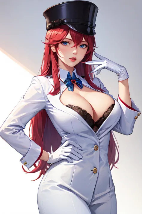 <lora:bra_cups_sticking_out_v1:1>bra cups sticking out, 1girl, solo, breasts, gloves, cleavage, hat, large breasts, hand on hip, blue eyes, long hair, red hair, underwear, lips, bra, white gloves