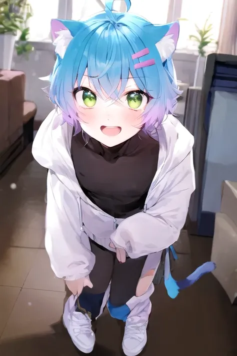 Linechu, a boy with blue hair and cat ears, male focus, full body, <lora:LAS:0.3> <lora:Linechu_fuwafuwa_v5-000002:1>