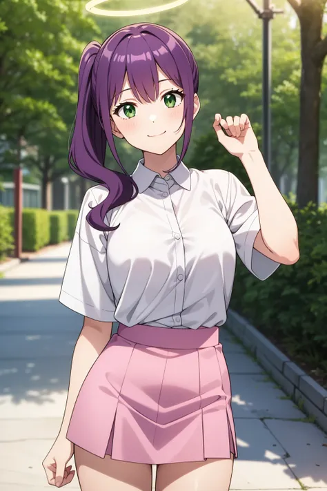 1girl, solo,
long hair, wavy hair, purple hair, side ponytail, green eyes, medium breasts, white shirt, collared shirt, pink miniskirt, head tilt, light smile, halo, 
forest, blurry background, street, anime screencap,
masterpiece, best quality,