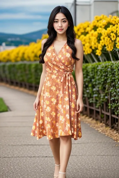 scenic view, orange floral dress <lora:Orange_Floral_Dress_By_Stable_yogi:1>