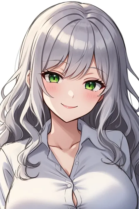 1girl, solo, 
long hair, wavy hair, silver hair, green eyes, large breasts, white shirt, collared shirt, seductive smile, head tilt,
sketch, white background, portrait, 
masterpiece, best quality, very aesthetic,