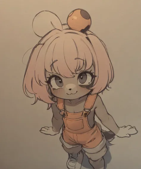 From above, lilotte , 1 puppy girl l , orange overalls  ,brown skin,  ,Ornament , pink hair , furry , , tail ,mole, mole on the eye , <lora:lilotte:0.8> , Straight hair , shorts, <lora:abarasketch:0.9> sketch  ,  monochrome, grayscale