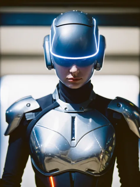 film grain analog photography,female cyborg portrait, futuristic robotic armor, science fiction, close -, head shoulders shot, high-tech helmet visor, illuminated circular design forehead, blue led lights, metallic gray suit, sleek,