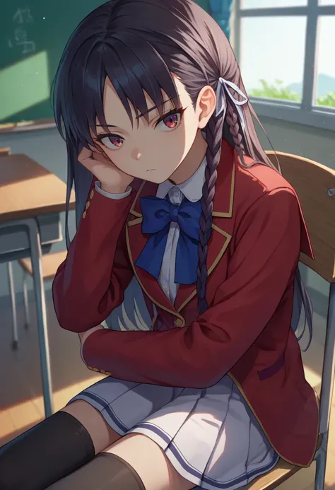 score_9, score_8_up, score_7_up, source_anime, solo, 1girl, horikita suzune, expressionless, looking at viewer, sitting, chair, braid, hair ribbon, school uniform, red jacket, blue bow, long sleeves, white skirt, black thighhighs, indoors, classroom <lora:...