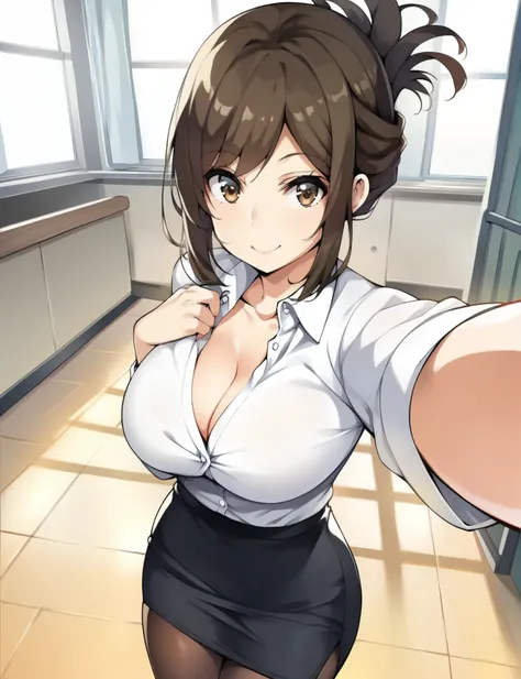 score_4, score_5, score_6, score_9, score_8_up, score_7_up, general, solo,  source_anime,  <lora:kana_kojima:1> kanakojixl, brown eyes, brown hair, short hair, folded ponytail, large breasts, collared shirt, cleavage, white shirt, pencil skirt, black skirt...