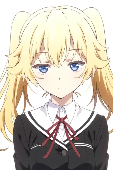 solo, 1girl, looking at viewer, 2D, anime, anime coloring, upper body, (solid white background:1.3), <lora:anastasia-oniai:0.8>, anastasia nasuhara, red ribbon, school uniform, black shirt, closed mouth