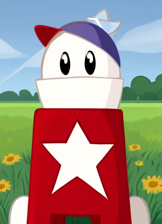 <lora:add_detail:0.5>,  <lora:boldline:-0.3>,  <lora:noline:0.3>, homestar,  no arms, red shirt with star, blue cap, flat colours,  in a field, cartoon, blue sky <lora:Homestar:1.0>,