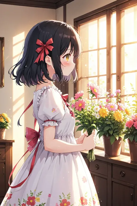 anime, 1girl, solo, indoors, black hair, blush, closed mouth, dress, floral print, flower, from side, holding, holding flower, lens flare, looking to the side, pink flower, puffy short sleeves, puffy sleeves, red ribbon, ribbon, short sleeves, sleeveless, ...