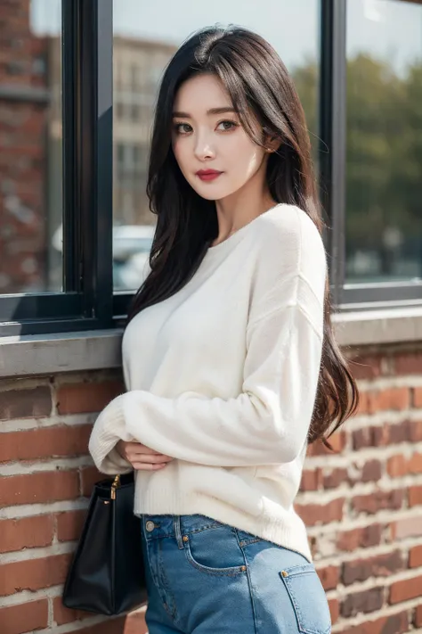 masterpiece,best quality,1girl,upper body,looking at viewer, standing,
white sweater, jeans
,black hair, long hair,small breasts,
ginza,park,window, brick wall,
 <lora:yangmi_V2:0.5>