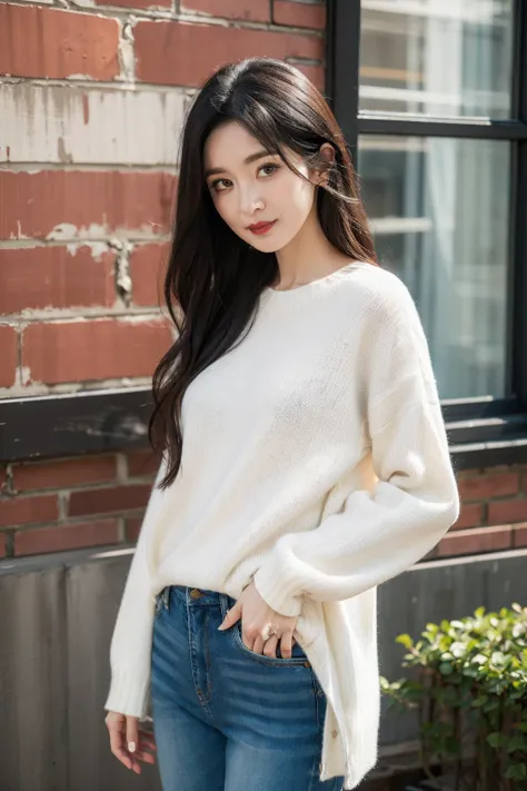 masterpiece,best quality,1girl,upper body,looking at viewer, standing,
white sweater, jeans
,black hair, long hair,small breasts,
ginza,park,window, brick wall,
 <lora:yangmi_V2:0.5>