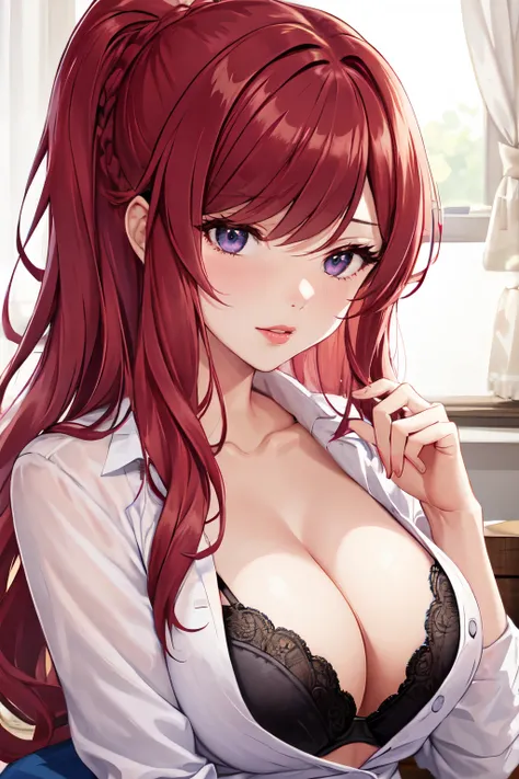 <lora:bra_cups_sticking_out_v1:1>bra cups sticking out, 1girl, solo, large breasts, cleavage,  long hair, red hair, underwear, lips, bra, upper body