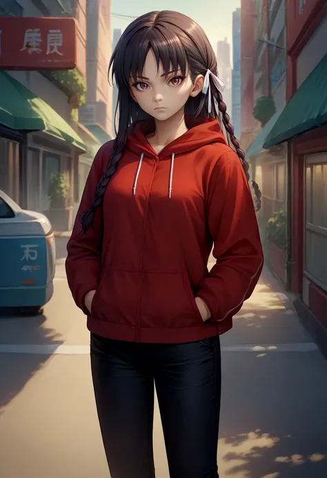 score_9, score_8_up, score_7_up, source_anime, solo, 1girl, horikita suzune, expressionless, looking at viewer, hand in pocket, braid, hair ribbon, red hoodie, black pants, outdoors, city street <lora:classroomelite_horikita_ponyXL:1>