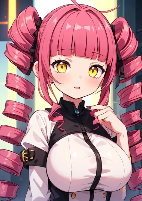 upper body,solo, 1girl,dark pink hair,red ombre hair,(blunt bangs:1.3),yellow eyes,large breasts,twintails,(twin drills:1.2)