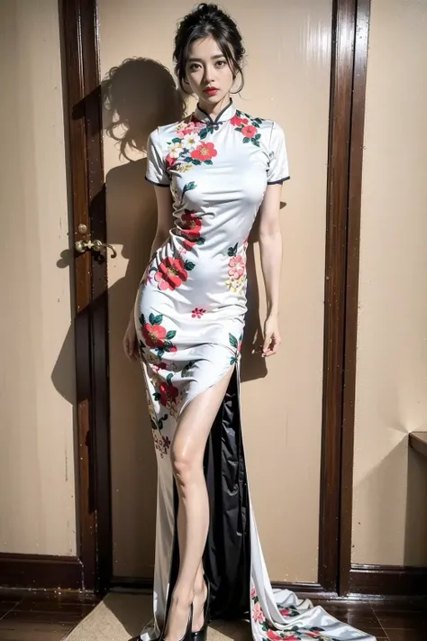 <lora:zgqp2:1>zgqp, 1girl,white chinese clothes,  black hair, white china dress, high heels, side slit, black footwear, full body, short sleeves, solo, floral print, looking at viewer, ((white dress)), standing, breasts, flower, red lips