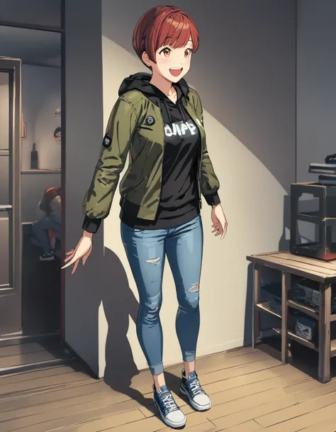 1girl,joypayday, <lora:JoyXLAM:0.9>,very short hair,pixie cut,standing,jacket,hood down,black shirt,jeans,denim,sneakers,full body,happy,:d,indoors,centered,character focus,by cuboon, by 6g5