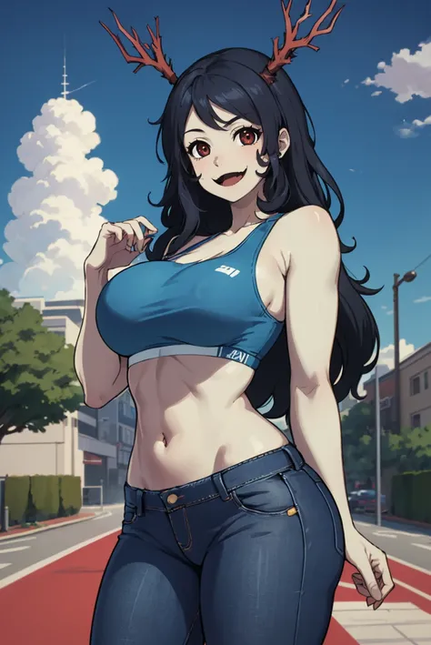 masterpiece, best quality, 1girl, looking at viewer, cowboy shot, smile, open mouth, jeans, sports bra, navel <lora:LubellaMomodora-bsinky-v1:0.8> lubella, (colored skin, blue skin:1.2), long hair, antlers, large breasts, sidewalk, sky, cloud