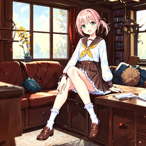 <lora:chris:0.8>,chris,1girl,super fine illustration,masterpiece,best quality,long sleeves,white shirt,pleated skirt,neckerchief,brown footwear,frilled skirt,white socks,loafers,black sailor collar,brown skirt,yellow neckerchief,indoor,;d,