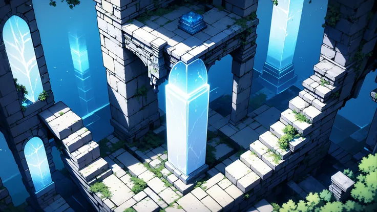 <lora:yltyxsj:1>yltyxcj, scenery, pillar, stairs, no humans, blue theme, column, crystal, ruins, glowing