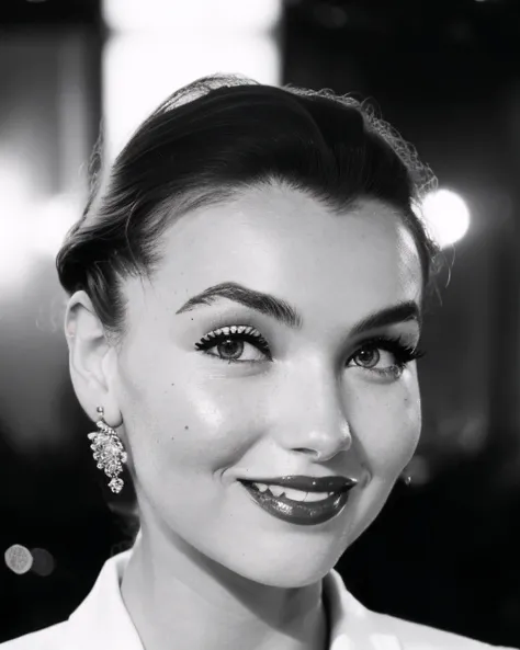 trac3y, monochrome, portrait, 1950s hairstyle, 50s makeup, jewelry, formal hairstyle, glamour, headshot, (looking at viewer), parted lips, <likenesshelpbyshurik3>:0.7, (film grain):1.7, traditional media <happy512>