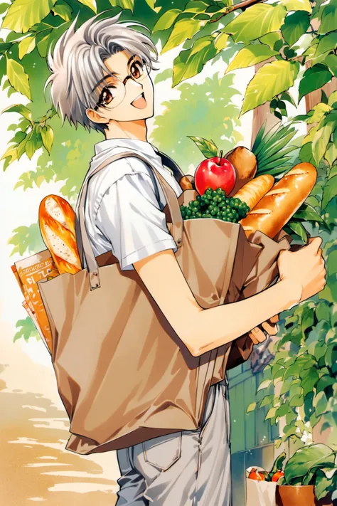 1boy,solo,male focus,food,glasses,bag,smile,bread,shirt,grocery bag,white shirt,looking at viewer,open mouth,holding,outdoors,brown eyes,grey hair,paper bag,shopping bag,:d,fruit,short sleeves,from side,pants,baguette,day,sunlight,leaf,traditional media,<l...