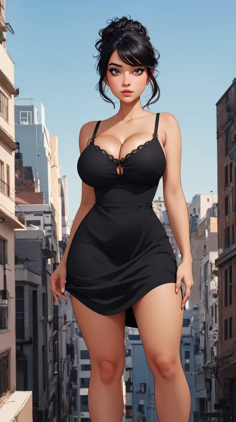 1girl, black dress, black hair, updo hair, photo, realistic, hypernaturally, expressive eyes, big bust,  gigantic sagging breasts, <lora:gigantic sagging breasts by Goofy Ai:0.9> , deep cleavage, long legs art sketch, dimension, city background, bohemian, ...