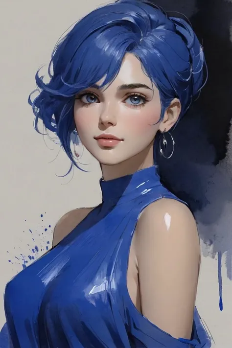 (paint woman (Ultramarine paint:1.5), artstation trends, digital art, portrait, beautiful art, black background), watercolor sketch in artistic style, large strokes, finalized with ink, fine lines