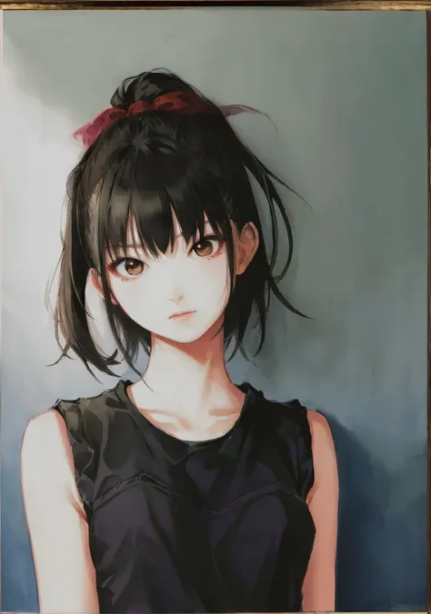 suzuka nakamoto,cute woman,masterpiece, photorealistic, detailed, RAW color photo,(fully in frame:1.1),bangs, detailed skin texture, (blush:0.5), (goosebumps:0.5), hair bow,<lora:suzuka nakamoto:1>wearing a (red tank top:1.3)