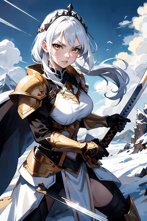 perfect eyes, fighting stance, serious, armor, holding weapon, holding sword, white hair, yellow eyes, black tiara, mountain, clouds, epic, wide shot, looking at viewer, parted lips, teeth, v-shaped eyebrows,