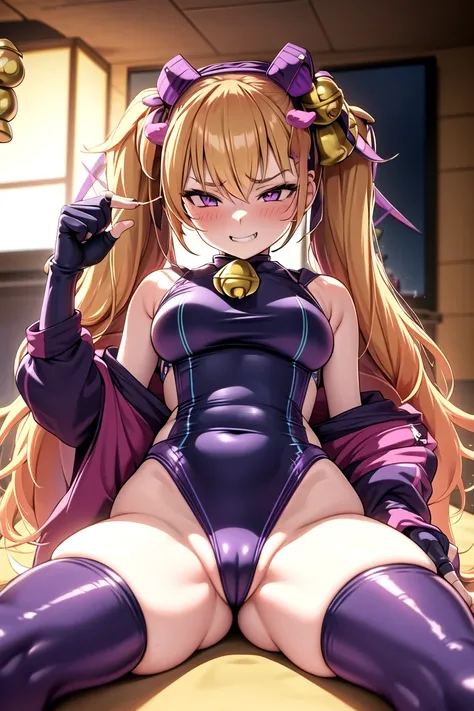 1girl, ririn, purple eyes, blonde hair, twintails, long hair, hair ornament, (bell hair ornament:1.5), 
zipper, gloves, leotard, thighhighs, fingerless gloves, jacket, cropped jacket, cameltoe, black gloves, covered navel, highleg, purple leotard, black le...